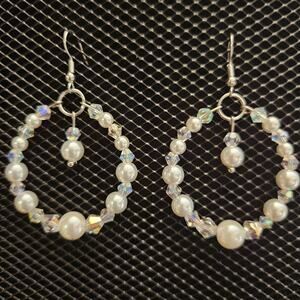 White faux pearl and iridescent glass crystal teardrop hoop earrings